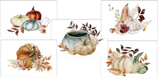 Vintage Autumn Harvest Greeting Cards - Set of 10 All Occoassion 5x7 Note Cards with Envelops Blank Inside. Rustic Watercolor Designs of Fall Flowers, Pumpkins and Leaves.