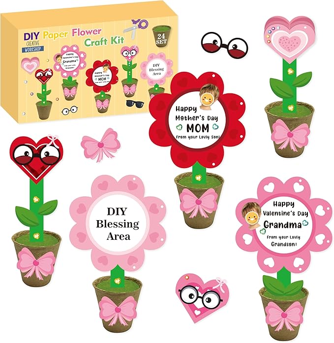 WATINC Valentine's Day Foldable Flower Paper Pot Craft Kits - 24 Packs Make Your Standing Flowers Gift Crafts Decoration, Fun DIY Decor Home School Classroom Art Activities for Kids (Heart Flower)