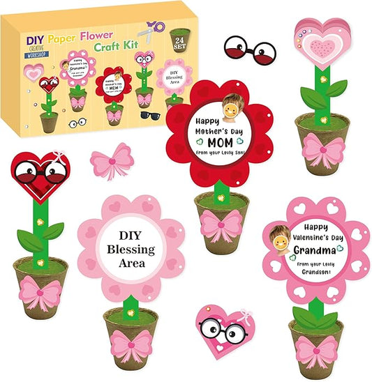 WATINC Valentine's Day Foldable Flower Paper Pot Craft Kits - 24 Packs Make Your Standing Flowers Gift Crafts Decoration, Fun DIY Decor Home School Classroom Art Activities for Kids (Heart Flower)
