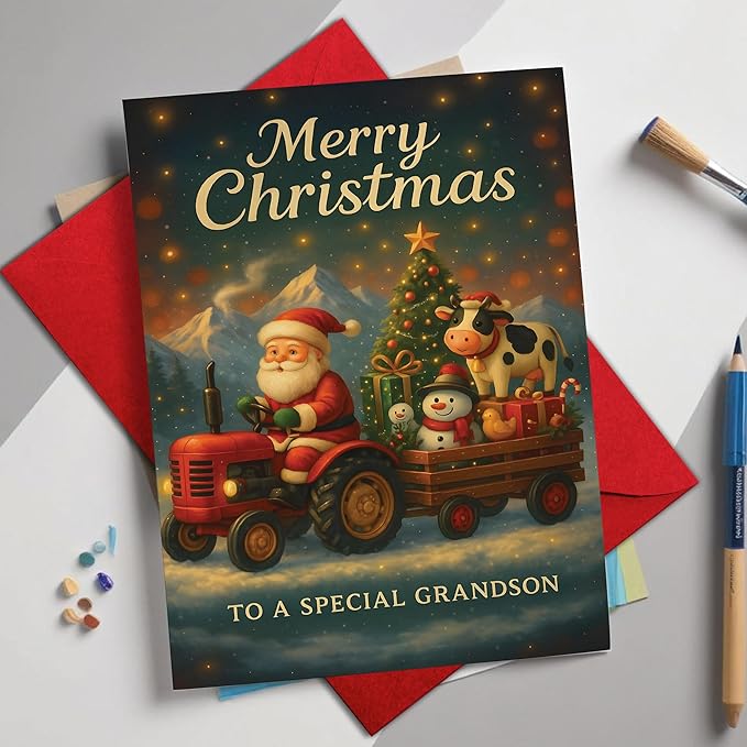 (5.3x8in) Merry Christmas to a Special Grandson Card, Santa on Tractor with Cow and Snowman, Farm-Themed Holiday Greeting Card with Christmas Tree and Gifts, Festive Card with Envelope (Xmas 42)