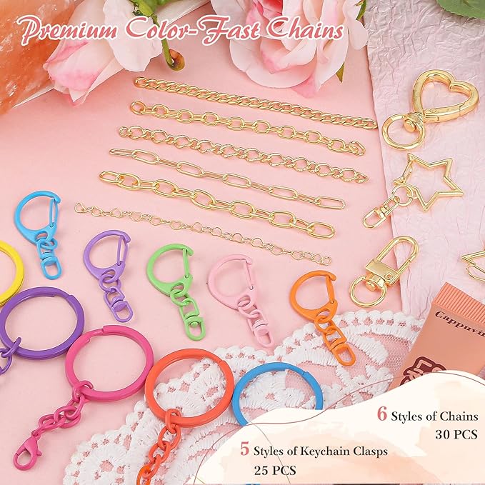 Ecoofor 451 Pcs Keychain Making Kit for Kids & Adults – Includes 25 Keychain Clips, 30 Extender Chains, 162 Charms, Beading Accessories, Jewelry Pliers – DIY Bag Charms & Jewelry Craft Kit Supplies