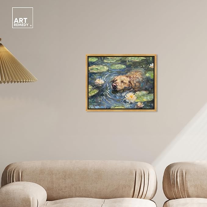 Art Remedy Monet Water Lilies Dog Rustic Chic Farmhouse Canvas Wall Art, Gold Floater Frame, 20"x16"