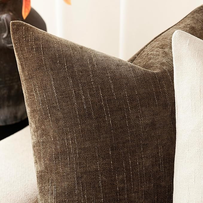 Foindtower Pack of 2 Soft Textured Chenille Throw Decorative Pillow Covers Square Accent Solid Cushion Cover Neutral Farmhouse Pillow Case for Couch Sofa Bedroom Living Room 18x18 Inch,Taupe Brown