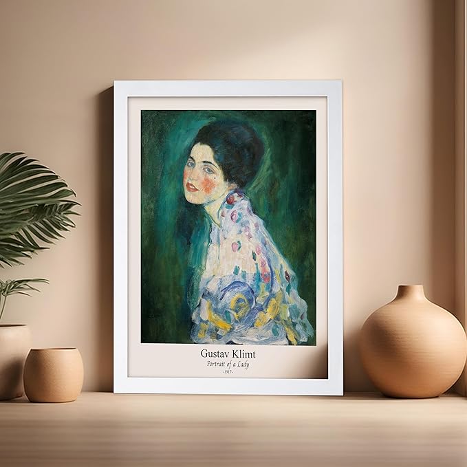Poster Master Vintage Gustav Klimt Poster - Retro Portrait of a Lady Print - Expressionism Art - Woman Art - Classic Painting - Aesthetic Art - Living Room or Office Decor - 16x20 White Framed