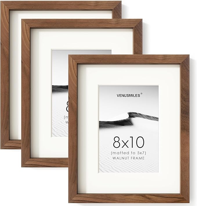 8x10 Picture Frame Set of 3, USA-Sourced Natural Walnut Wood Photo Collage Frame with HD Tempered Glass, Modern Simple 8 x 10 Wooden Frame Matted to 5x7 Gallery Frames for Art Wall or Tabletop Display