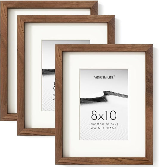8x10 Picture Frame Set of 3, USA-Sourced Natural Walnut Wood Photo Collage Frame with HD Tempered Glass, Modern Simple 8 x 10 Wooden Frame Matted to 5x7 Gallery Frames for Art Wall or Tabletop Display