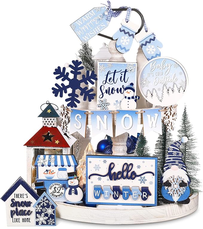 Kajaia 15 Pcs Christmas Tiered Tray Decor Winter Tiered Tray Decorations Set Snowman Snowflake Gingerbread Man Hot Cocoa Wooden Signs Farmhouse Christmas Table Decorations(Snowflake)