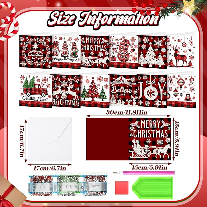 Saillong 12 Pack Christmas Diamond Painting Greeting Card Kits DIY Red Plaid Christmas Diamond Art Cards with Envelopes Xmas 5D Rhinestones Painting for Adults DIY Craft Family Friend Xmas Gifts