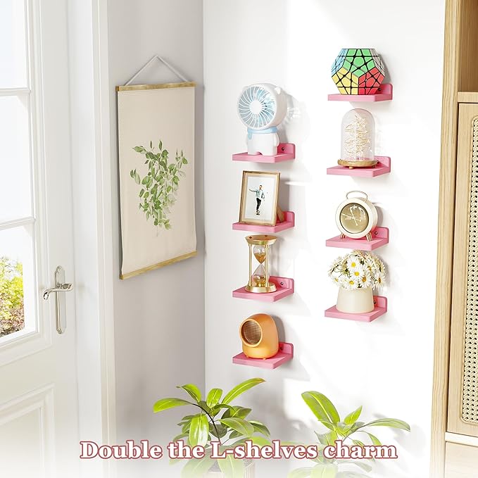 SRIWATANA Small Floating Shelves Wall Mounted, Wood Shelf for Decoration and Storage Set of 4, Mini Display Shelf for Bedroom, Bathroom, Kitchen, Office (Pink, 5 inch)