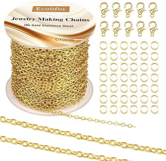 33 Ft 18K Gold Stainless Steel O-Shaped Chain Roll for DIY Jewelry Making - 2mm Width Gold Plated Chain with Jump Rings & Lobster Clasps