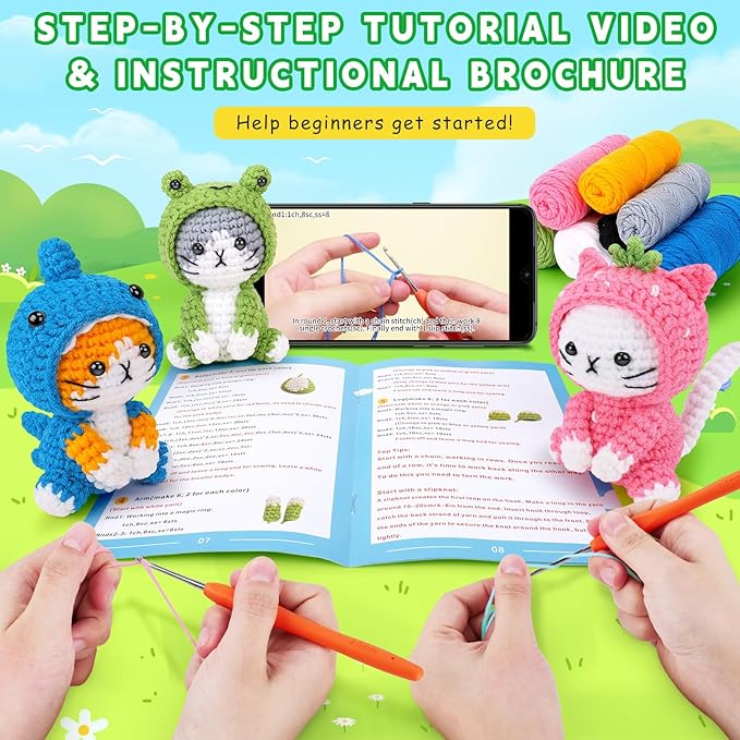 Crochet Kit for Beginners - 3 PCS Crochet Kits with Step-by-Step Video Tutorials, Beginner Crochet Kit for Adults, Crochet Animal Kit for Starters, Cat Dressed as Shark Frog Strawberry