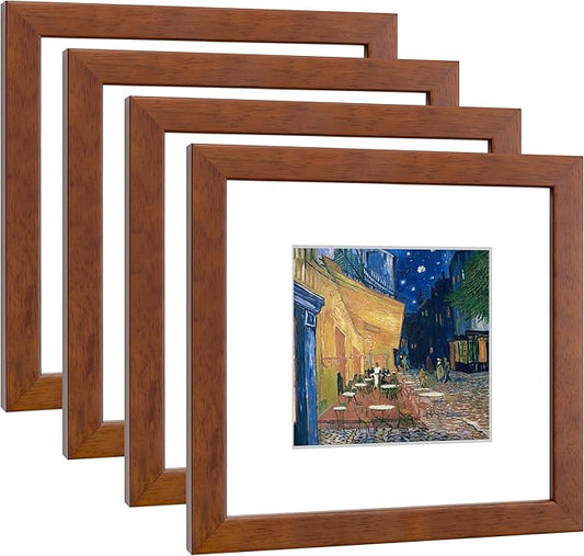 8x8 Picture Frame Set of 4 Made of Solid Wood Photo Frame with Real Glass for Pictures 5x5 with Mat or 8x8 Without Mat,Wall Gallery or Tabletop display Picture Frames,Brown