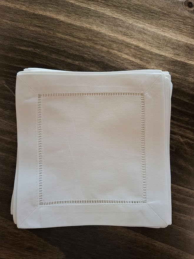 White Cocktail Napkins, White Linen Blend Cocktail Napkins Hemstitch 6x6 Set of 50 Cocktail Napkin, Linen Blend Cloth Coasters, Elegant Reusable Beverage Napkins for Wedding, Party and Entertaining