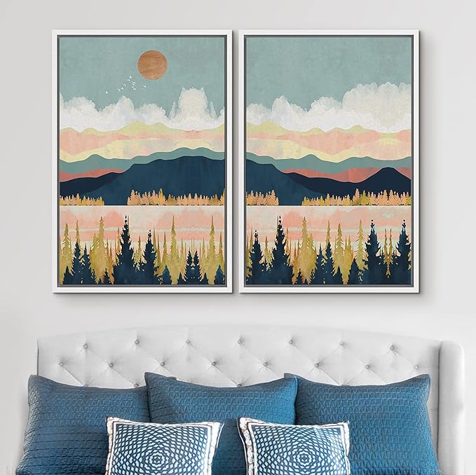 SIGNWIN Framed Canvas Print Wall Art Set Pastel Pink Blue Geometric Mountain Landscape Nature Wilderness Illustrations Modern Art Scenic Colorful for Living Room, Bedroom, Office - 16"x24"x2 White