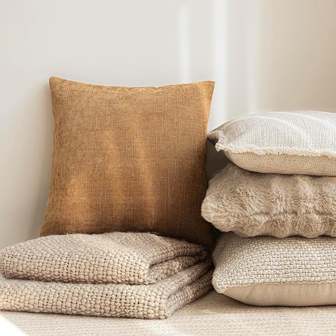 Foindtower Set of 2 Soft Textured Chenille Throw Decorative Pillow Covers Square Accent Solid Cushion Cover Neutral Farmhouse Pillow Case for Couch Sofa Bedroom Living Room 24x24 Inch,Golden Brown