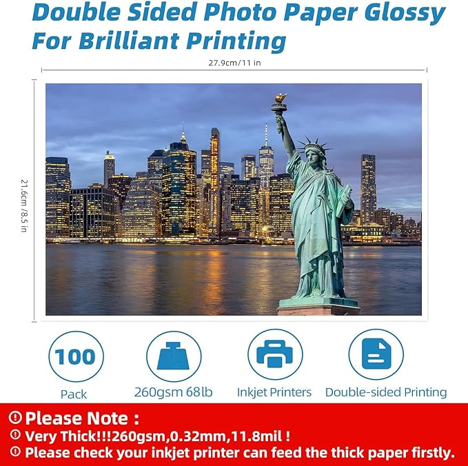 Uinkit Thick Photo Paper Glossy Double Sided 100 Sheets 8.5x11 Heavyweight 68lb 260gsm Inkjet Both Sides Printable 11.8mil A4 Letter size Flyer Bulk Pack 8.5 x 11 Card paper postcard postal A189 (100)