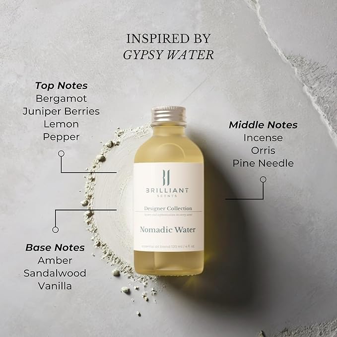 Brilliant Scents Nomadic Water Fragrance Oil 120ml - Premium Diffuser Oil for Home, Office, Hotels - Long Lasting, Plant-Based, Meets IFRA Standards, USA-Made - Lemon, Incense, Sandalwood