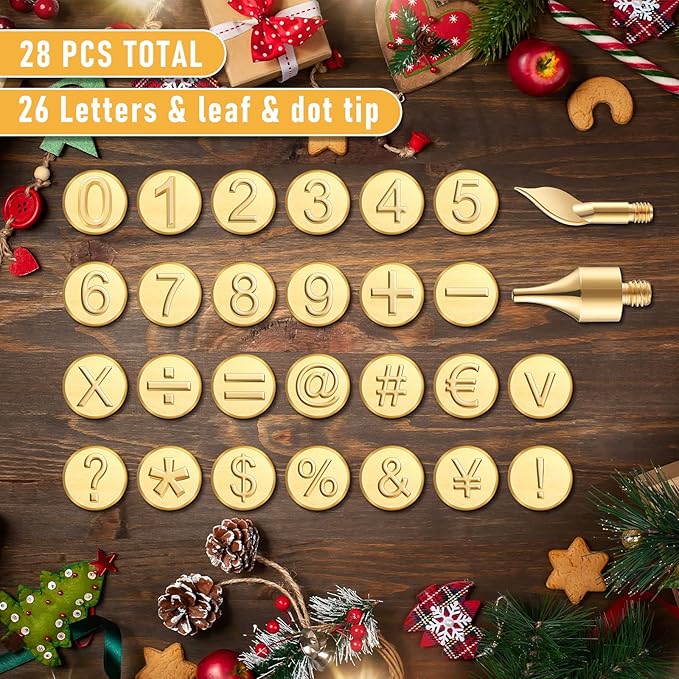 Honoson 28 Pieces Wood Burning Number Tips Stamps Kit Tool, Numbers and Symbol Copper Mold Carving Set for DIY Embossing Carve Crafts Wooden Burning Stencil Kits Hobby Woodworking Tools