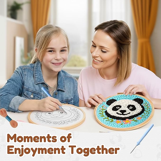 TEKWAVE Punch Needle Kit for Adults Beginners Cute Panda Design, Step-by-Step Video Pre-Printed Pattern and Written Instructions, DIY Embroidery Set with Yarn, Fabric, Hoop for Home Decor Crafts