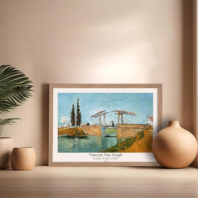 Monem Art Vintage Van Gogh Poster - Retro Langlois Bridge at Arles Print - Impressionism Art - Landscape Art - Fine Art - Classic Painting Art - Bedroom or Office Decor - 16x20 Beige Framed