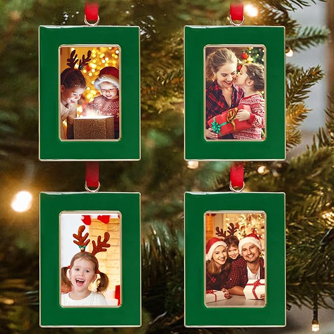 Christmas Picture Frame Ornaments - Set of 4 Green 2x3 Inch Mini Frames with Red Ribbon, Metal Photo Frames for Christmas Tree Decorations, Holiday Gift for Family & Friends