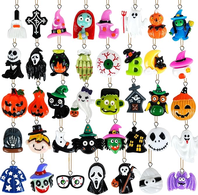 40Pcs Halloween Hanging Ornaments, Tiny Resin Charm Pendants Miniatures Figurines with Golden String for Mini Halloween Tree Decorations Holiday Party Decor