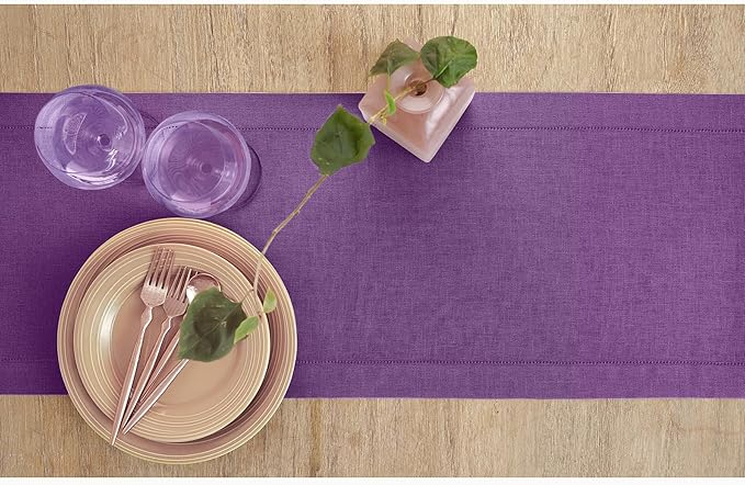 Solino Home Linen Purple Table Runner 144 Inches Long - 100% Pure Linen Extra Long Table Runner 14 x 144 Inch for Valentines, Spring, Easter - Classic Hemstitch