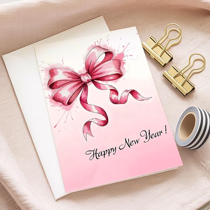 (5.3x8in) Happy New Year Card, Elegant Pink Bow with Watercolor Splash, Classy Greeting Card for Women, Friends, Coworkers or Family, New Year’s Eve Celebration Stationery Envelope (Xmas 38)