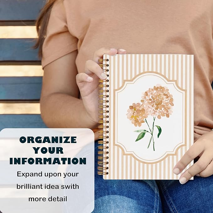 Coquette Preppy Hydrangea Notebooks, Brown and White Stripes Girly Floral Journal, Aesthetic Hydrangea Flower Spiral Notebook Journal for Note Taking, Girly Office Supplies, 5.5x8.3 Inch