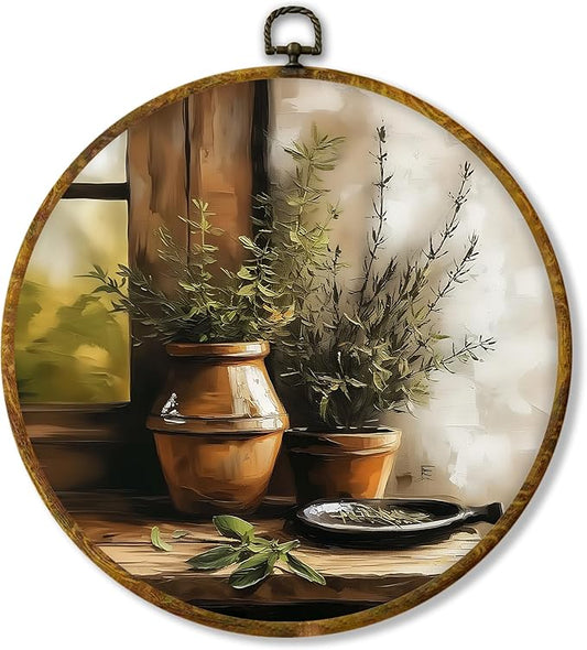 Hiuwevt Vintage Botanical Round Wall Art Decor, Antique Still Life Plant Framed Canvas Prints, Rustic Farmhouse Round Wall Hanging Decor for Home Living Room Decorations, 10x10 Inches