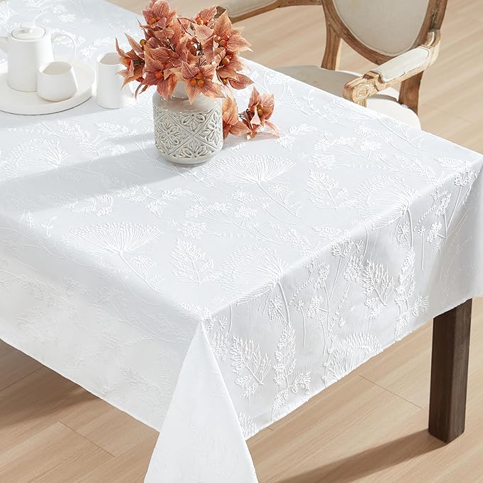 Laura Ashley Tablecloth Raised Woven Embroidered Jacquard Fabric, Wrinkle Resistant for Dining, Holiday, Party, Wedding or Banquet, 60" x 84", Cynthia White