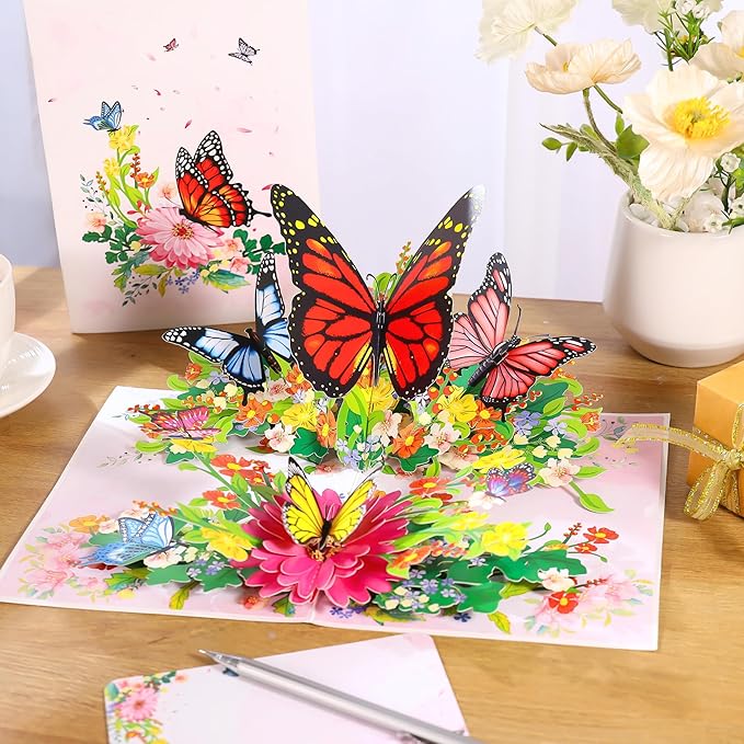 Butterflies Pop Up Birthday Card For Women&Wife, Beautiful Flowers, Ideal Gift for Birthday, Mothers Day, Thank You, Anniversary, Valentines, All Occasion for Women, Wife, Mom, Sister, Grandma, Her