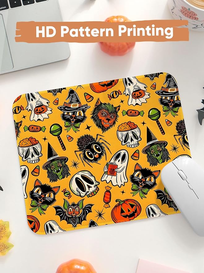 Seorsok Halloween Funny Pumpkin Mouse Mat,Skeleton Skull Decor Mouse Pads for Office Laptop,Washable Square Mousepads with Extended Stitched Edges Non Slip Rubber Base 9.5"x7.8"x0.12" Inch,Yellow