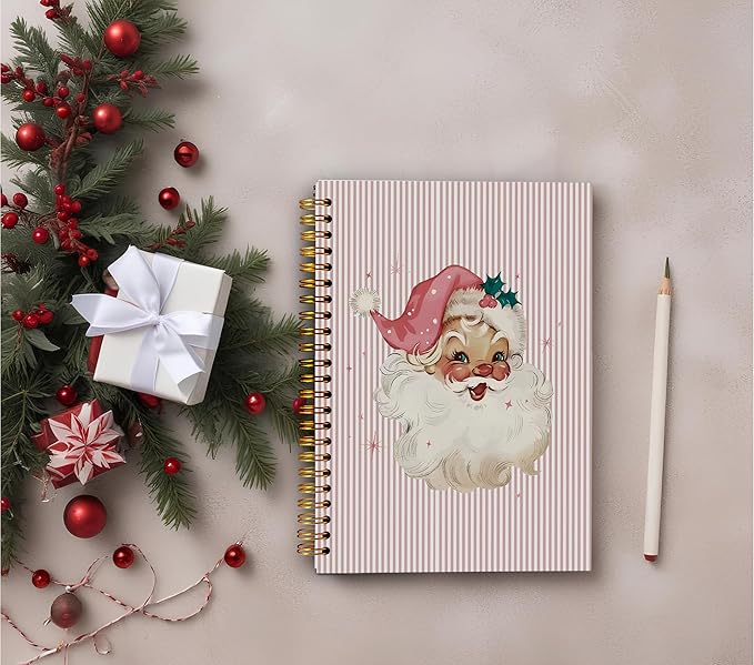 Christmas Notebook, Pink Vintage Santa Christmas Journal, Santa Gifts, Christmas Office Gifts for Coworkers, Christmas Composition Notebook, Pink Striped Spiral Notebook 5.5x8.3 Inch