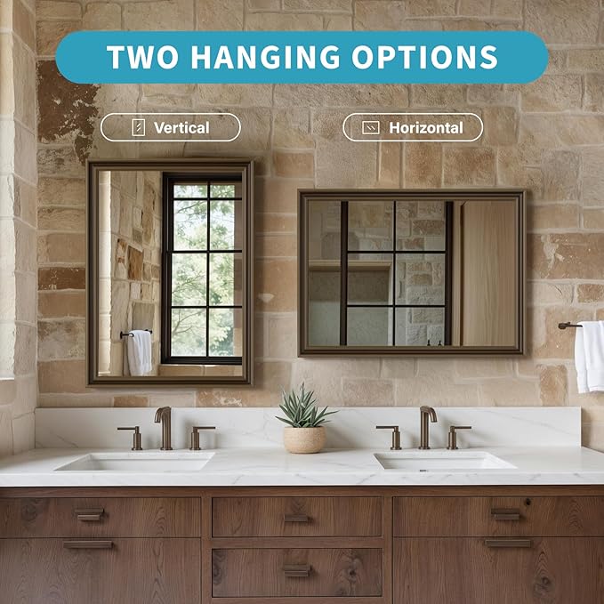 Retro Copper Effect Framed Wall Mirror, 16x20 Rectangle Mirror, Anti-desilvering Tempered Glass, Sustainable&Sturdy Frame, Anti-Rust, HD Reflection &3min Fast Setup for Bathroom Living Room