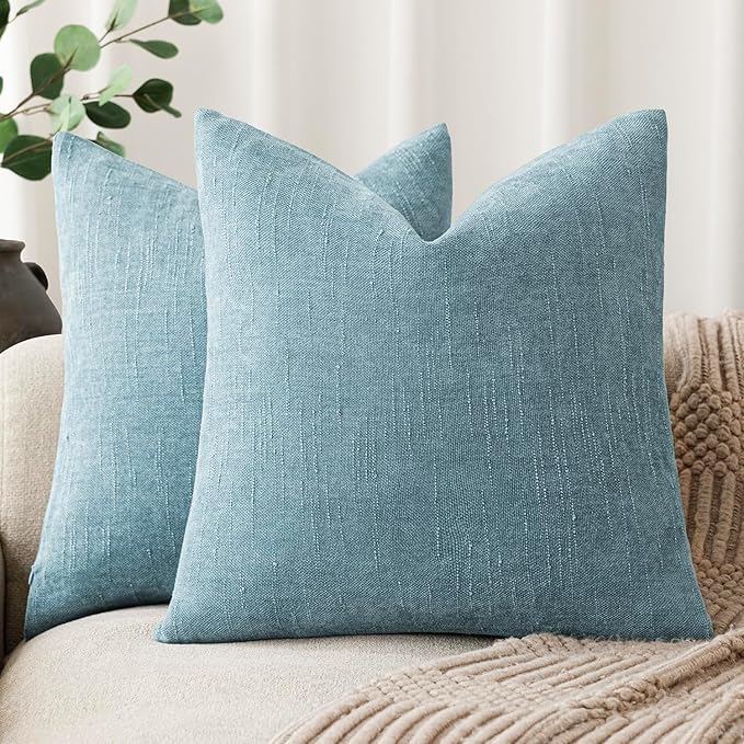 Foindtower Pack of 2 Textured Chenille Throw Decorative Pillow Covers Square Accent Solid Cushion Cover Neutral Farmhouse Pillow Case for Couch Sofa Bedroom Living Room 26x26 Inch,Light Blue