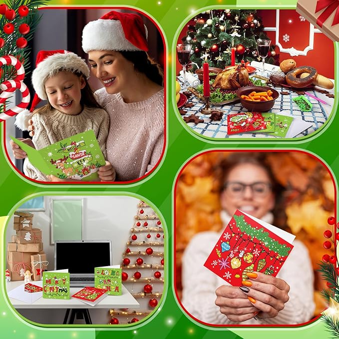 Saillong 12 Pack Christmas Diamond Painting Greeting Card Kits DIY Lime Green Christmas Diamond Art Cards with Envelopes Xmas 5D Rhinestones Painting for Adults DIY Craft Family Friend Xmas Gifts