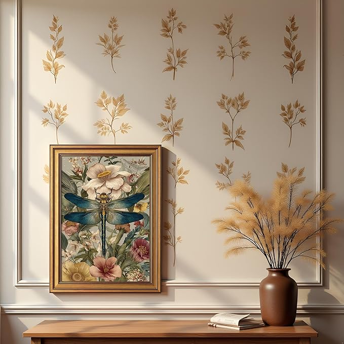 okudolit Gold Framed Dragonfly Canvas Wall Art Print Blue Insect Botanical Floral Painting Vintage Flower Picture Artwork Rustic Retro Nature Decor for Living Room Bedroom Office Home Decor 12x16in