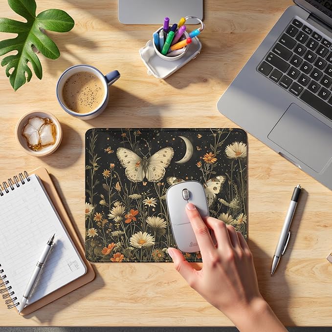 Vintage Floral Butterfly Field Mouse Pad, Dark Contemporary Botanical Moth Mousepad for Desk Home Office Dorm Computers, Nature Aesthetic Office Supplies Desk Accessories, 9.5x7.9 Inch
