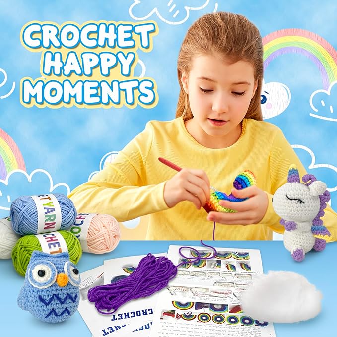 Roomaze Crochet Kit for Beginners,4 Pack Crochet Kits with Step-by-Step Video Tutorials, DIY Crochet Starter Kit for Adults Craft Kits for Adults-Ideal for A Gift (Owl,Unicorn,Snail,Rainbow)
