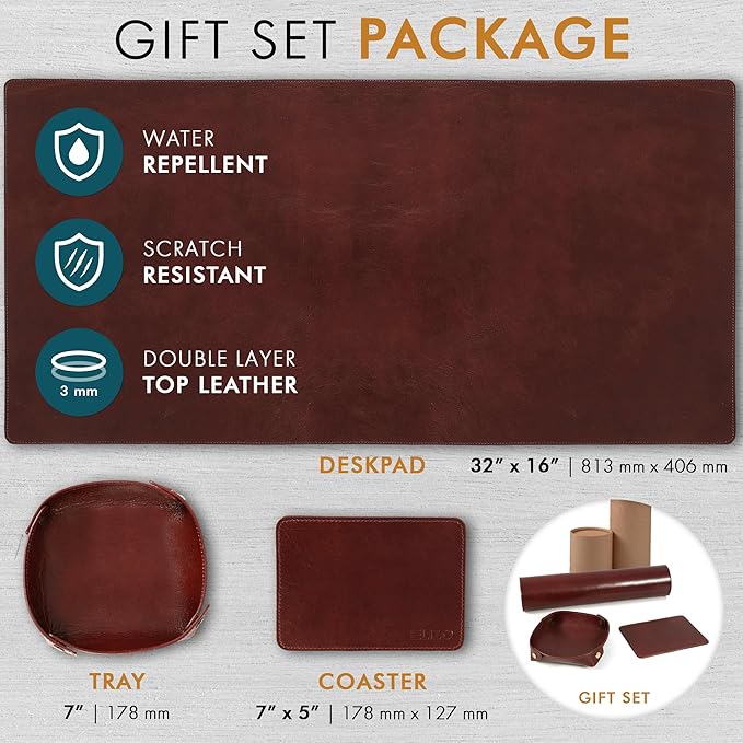 Elizo Leather Desk Mat Desk Pad Blotter Set - Real Full-Grain Leather (32x16) 2-Layer Genuine Desk Cover Protector & Large Mouse Pad | Computer Keyboard Desk Accessories for Office & Home