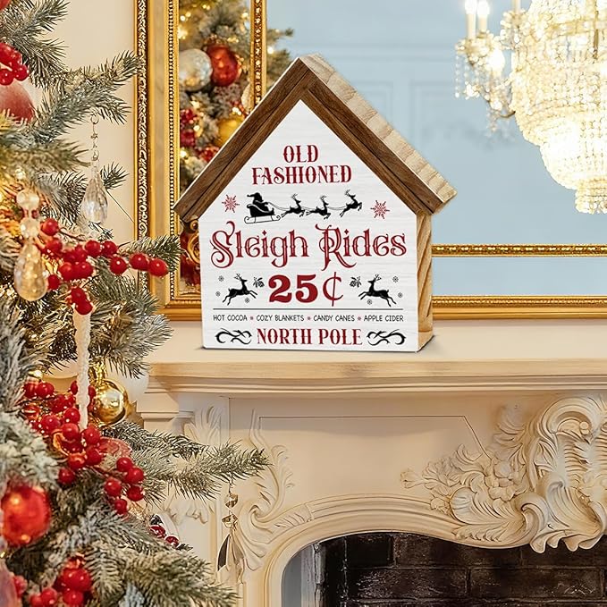Rustic Christmas Sleigh Decor, Sleigh Rides House Shaped Wooden Sign, Home Farmhouse Christmas Decorations for Desk Table Shelf