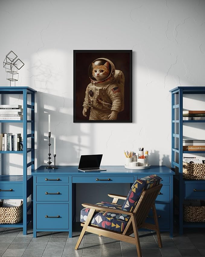 Astronaut Cat Art Poster Print, Cat Kitten Painting Humor Portrait Pet Artwork Decor Gallery A8 (Astronaut, 16 x 20 inches, Black Frame)