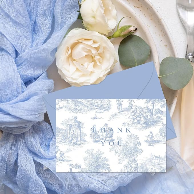 Whaline 24 Pcs Blue Chinoiserie Thank You Cards Greeting Cards with Envelopes Stickers Blue White Vintage Blank Note Card for Wedding Bridal Baby Shower Birthday Party, 4 x 6 Inch