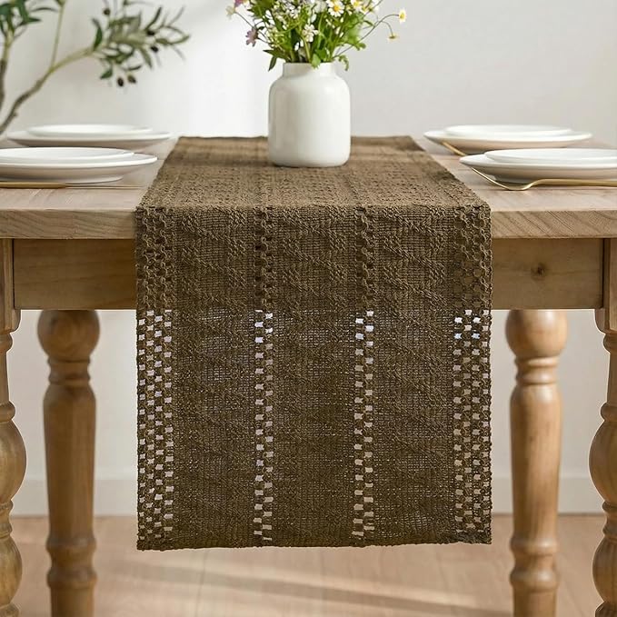 Artoid Mode Light Coffee Farmhouse Woven Rustic Hollow Table Runner, Seasonal Holiday Hollow Kitchen Dining Table Decoration for Home Party Decor 12x72 Inch