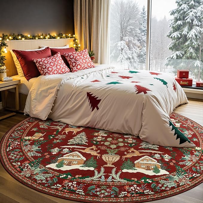jinchan Round Christmas Rug for Dining Room 7ft Maroon Circle Holiday for Living Room Printed Christmas Tree and Cabin Rug 7' Soft Indoor Carpet for Bedroom Washable Non-Slip Winter Xmas Decor
