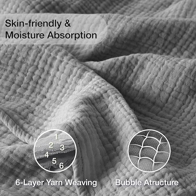 100% Cotton Muslin Blanket Large 50" x 70", 6 Layers Breathable and Lightweight Cotton Throw Blanket for Bed and Couch, Soft Quilt Bedspread, Gauze Blanket for Adults All Season, Grey