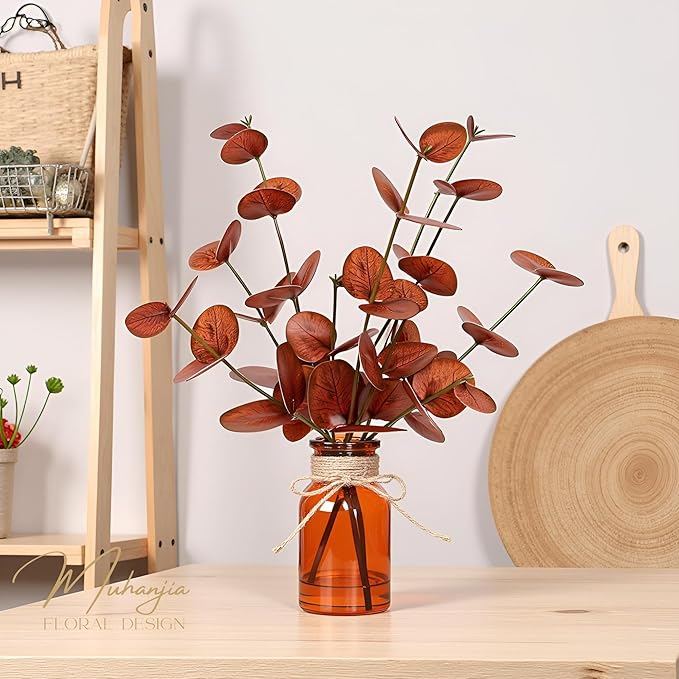 Muhanjia Artificial Eucalyptus Stems in Amber Glass Vase with Faux Water,3Pcs Fake Plant with Double-Sided Terracotta Leaves for Centerpiece (Double-Sided Terracotta Eucalyptus)