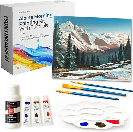Painting4Real DIY Art Painting Kit for Adults – Learn to Paint Alpine Morning with Video Tutorials - Step-by-Step Guided 9 Pieces Acrylic Paint Set for Adults - Unique Gift for Art Lovers & Beginners