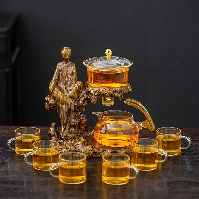 Semi Automatic Teapot Set, Glass Teapot Set with Strainer Kungfu Tea Sets (Meditation-brown)